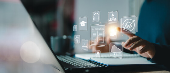 Concept of Online education. man use Online education training and e-learning webinar on internet for personal development and professional qualifications. Digital courses to develop new skills..