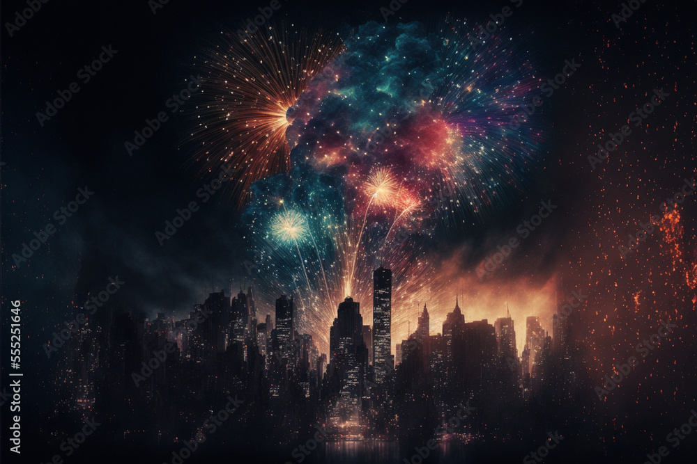 Fototapeta premium Colourful fireworks in the night sky above skyscrapers in the distance 2023