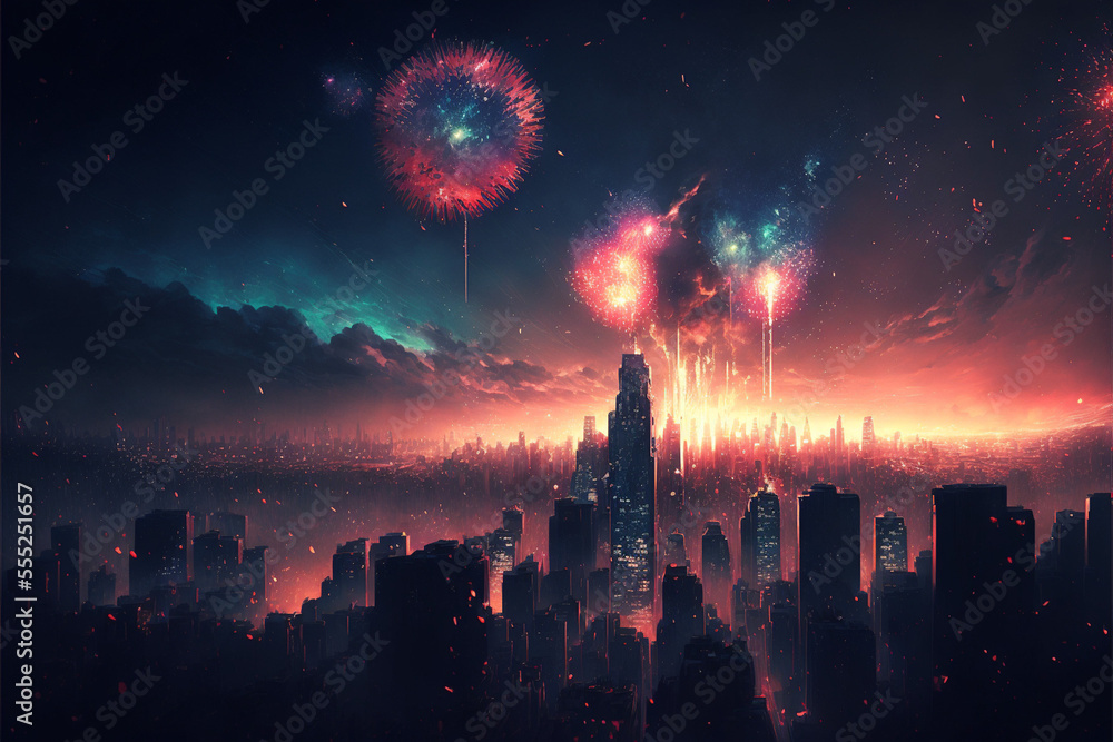 Colourful fireworks in the night sky above skyscrapers in the distance 2023