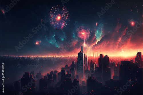 Colourful fireworks in the night sky above skyscrapers in the distance 2023 © ThePixelCraft