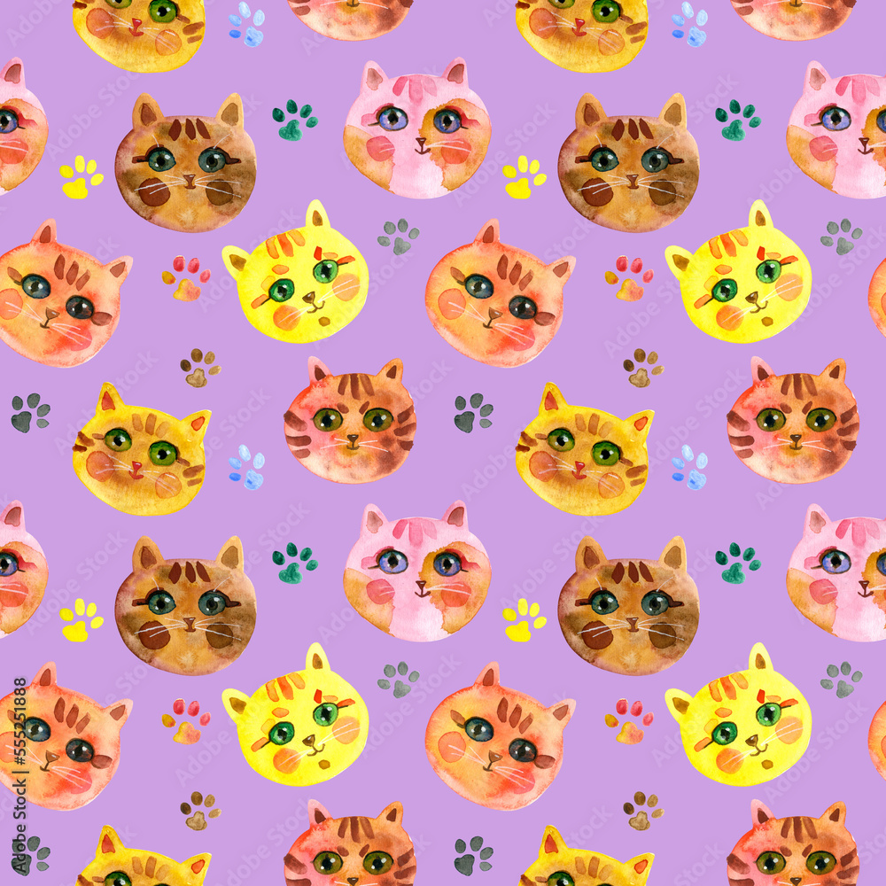 Cute Cat muzzle. Watercolour hand drawn illustration. Cats on a lilac background. For fabric, sketchbook, wallpaper, wrapping paper. Cute Cat muzzle. Watercolour hand drawn illustration. Cats on a lilac background. For fabric, sketchbook, wallpaper, wrapping paper.
