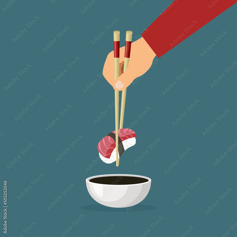 Hand holding japanese tuna sushi. Chopsticks with raw sliced fish with rice. Traditional Asian food. Vector illustration in trendy flat style isolated. Hand holding japanese tuna sushi. Chopsticks with raw sliced fish with rice. Traditional Asian food. Vector illustration in trendy flat style isolated.