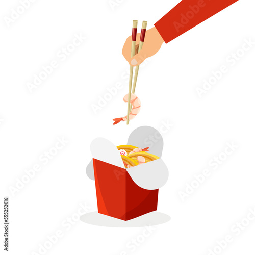 Man eats oriental noodle with prawns by chopsticks. Traditional asian noodles. Korean, Japanese food. Take away. Chinese cuisine. Vector illustration in trendy flat style isolated on white background.