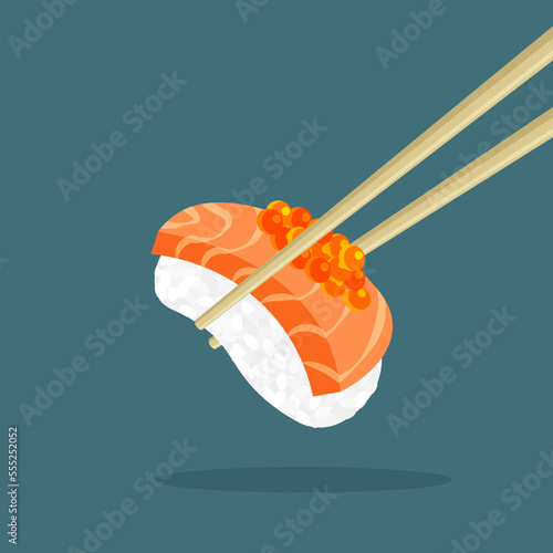 Chopsticks holding japanese salmon sushi with red caviar. Raw sliced fish with rice. Traditional Asian food. Vector illustration in trendy flat style isolated.	