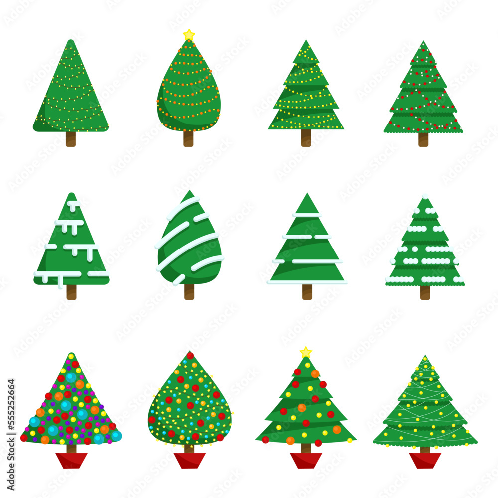 Christmas trees. Can be used for printed materials - leaflets, posters, business cards or for web. Colorful winter trees collection for holiday xmas and new year. Vector illustration.