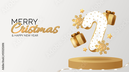 Christmas and New Year background. Xmas gold tree. Candy cane from cookies, golden gifts box and snowflake. Realistic 3d decorative design objects.