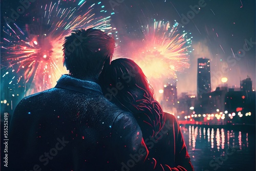 A couple cuddling and watching fireworks on a new year's eve, night time fireworks over a city, bench overlooking a lake, generative ai © Infinite Shoreline