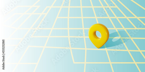 Locator mark on city map shows destination, address, geo position, gps coordinates. 3d pin icon placed on street crossroads as direction point.