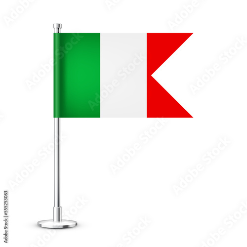 Realistic Italian table flag on a chrome steel pole. Souvenir from Italy. Desk flag made of paper or fabric and shiny metal stand. Mockup for promotion and advertising. Vector illustration