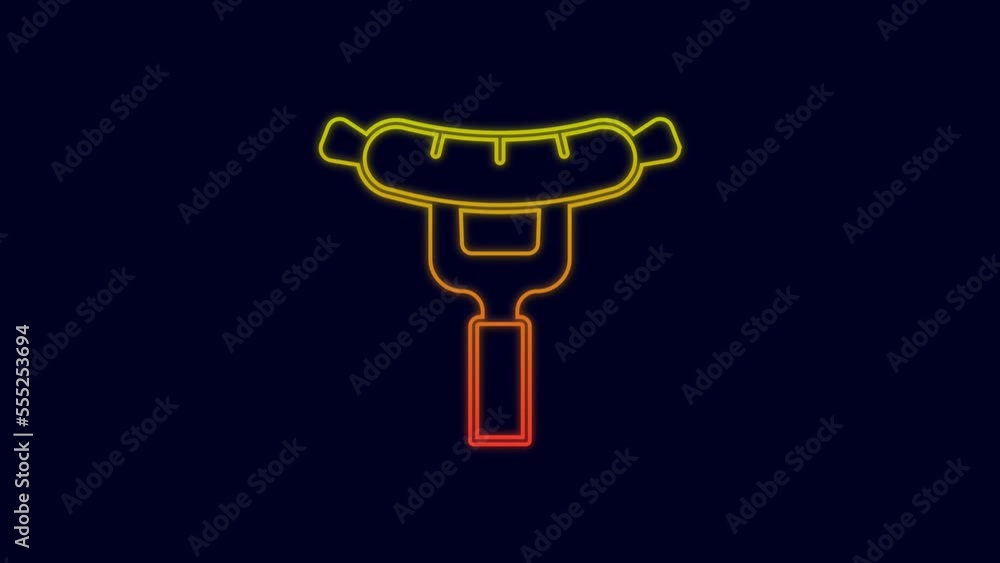 Glowing neon line Sausage on the fork icon isolated on blue background. Grilled sausage and aroma sign. 4K Video motion graphic animation Glowing neon line Sausage on the fork icon isolated on blue background. Grilled sausage and aroma sign. 4K Video motion graphic animation