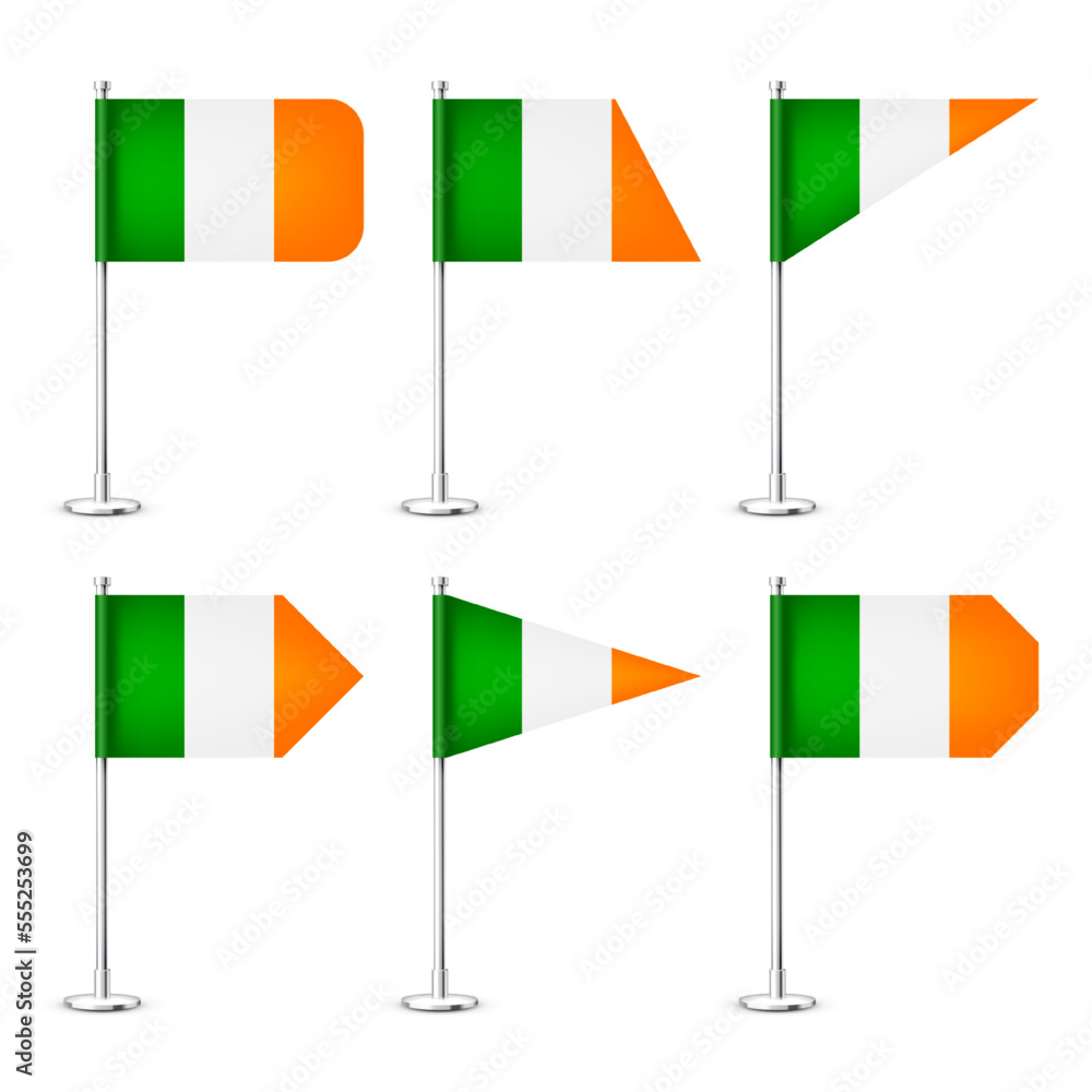 Realistic various Iriah table flags on a chrome steel pole. Souvenir from Ireland. Desk flag made of paper or fabric, shiny metal stand. Mockup for promotion and advertising. Vector illustration Realistic various Iriah table flags on a chrome steel pole. Souvenir from Ireland. Desk flag made of paper or fabric, shiny metal stand. Mockup for promotion and advertising. Vector illustration