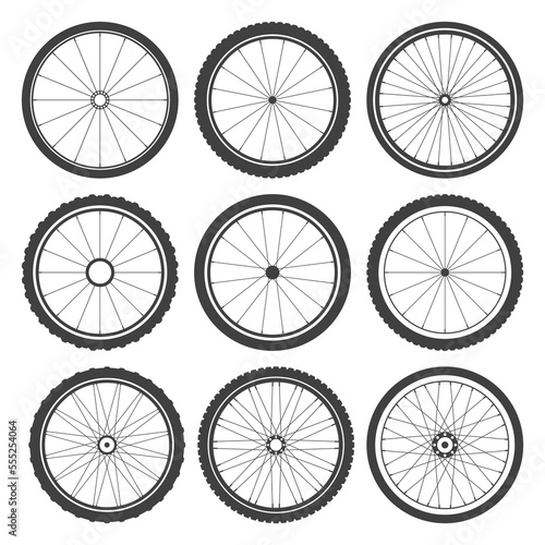 Black bicycle wheel symbols collection. Bike rubber tyre silhouettes. Fitness cycle, road and mountain bike. Vector illustration.