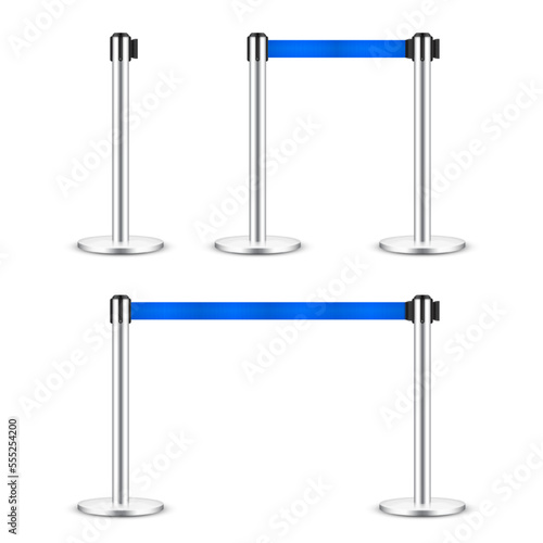 Realistic blue retractable belt stanchion. Crowd control barrier posts with caution strap. Queue lines. Restriction border and danger tape. Attention, warning sign. Vector illustration