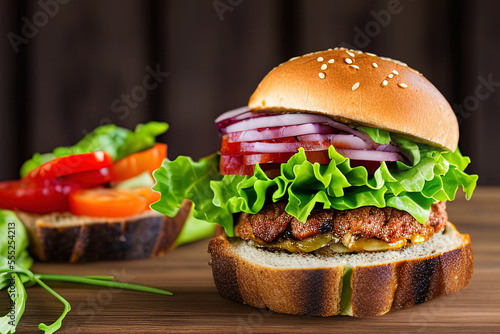 photo of a sandwich with meat and lettuce on a wooden table - AI Generated