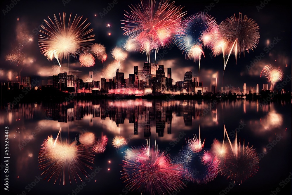 Obraz premium Fireworks exploding over a city skyline with reflections in the water, new year's eve or fourth of July festival fireworks, generative ai