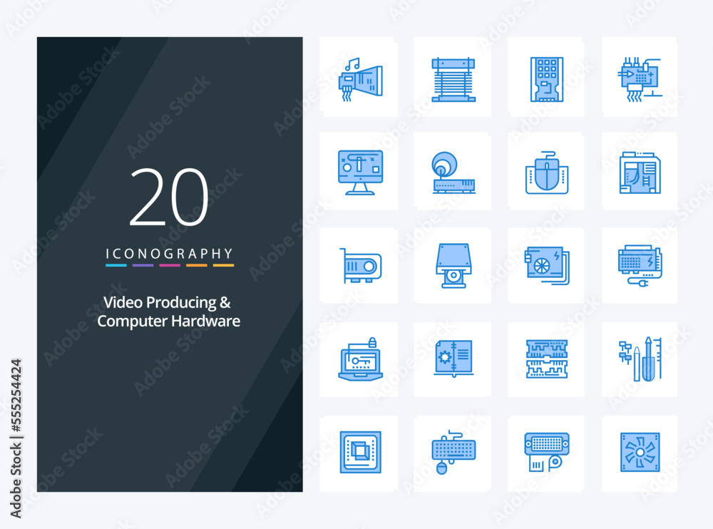 20 Video Producing And Computer Hardware Blue Color icon for presentation