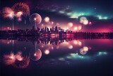 Fireworks exploding over a city skyline with reflections in the water, new year's eve or fourth of July festival fireworks, generative ai