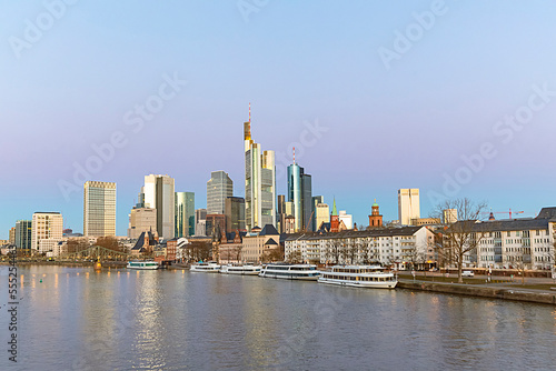 sunrise with view to skyline of Frankfurt with river Main