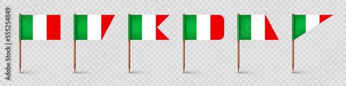 Realistic various Italian toothpick flags. Souvenir from Italy. Wooden toothpicks with paper flag. Location mark, map pointer. Blank mockup for advertising and promotions. Vector illustration