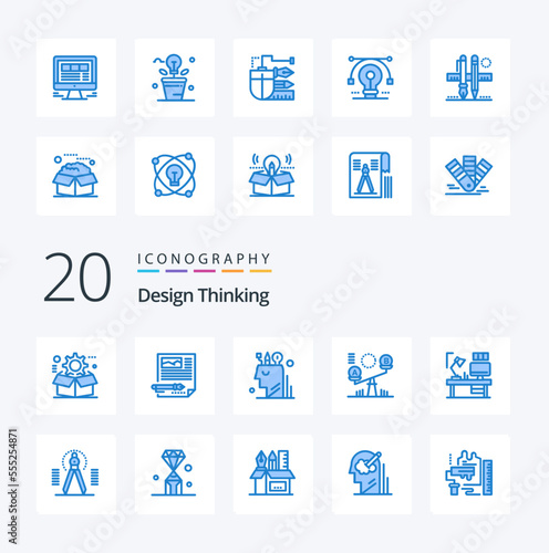 20 Design Thinking Blue Color icon Pack like seesaw balance document stationary mind