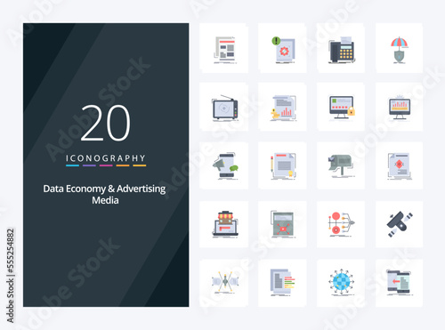 20 Data Economy And Advertising Media Flat Color icon for presentation