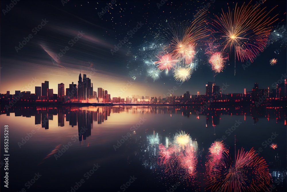 Fireworks exploding over a city skyline with reflections in the water, new year's eve or fourth of July festival fireworks, generative ai