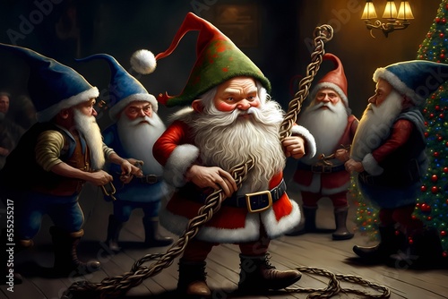 Dwarves plot against Santa Claus by planning rebellion and protests at toy factory. The leader of the dwarves prepares a rope for Santa Claus. Digital paitning art. Generative AI illustration. photo