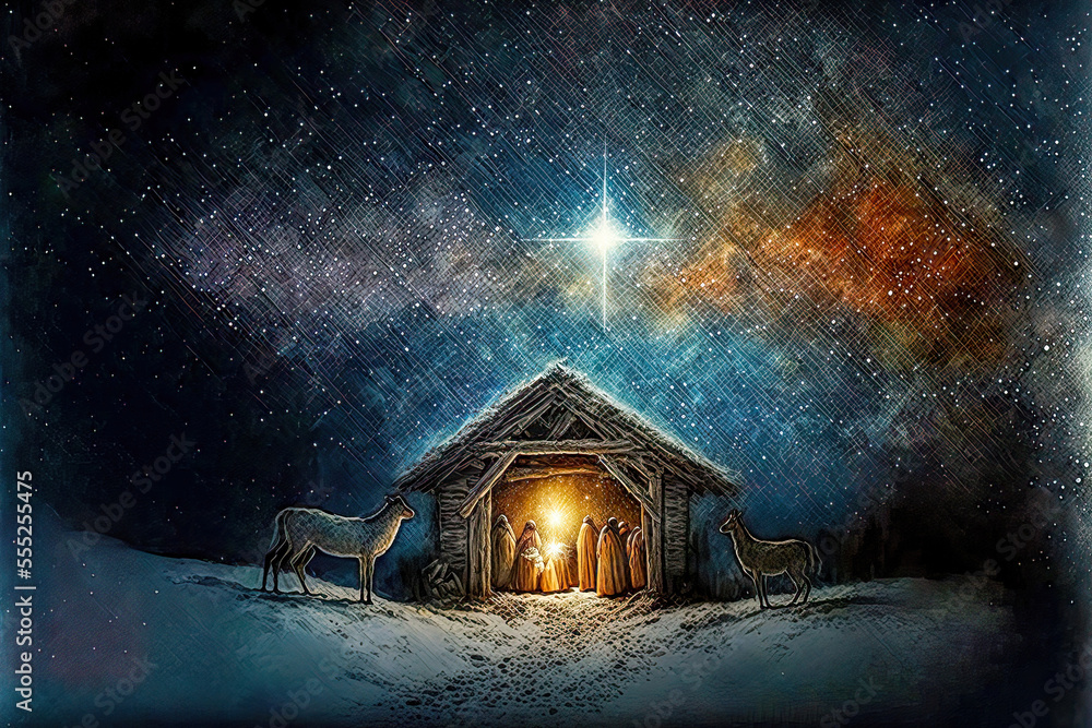 Bethlehem Jesus Geburt Nacht Komet am Himmel Religiös Drei Könige Maria und Josef AI Art Digital