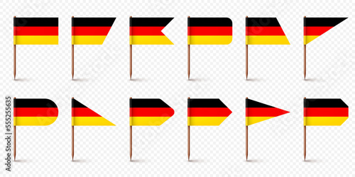 Realistic various German toothpick flags. Souvenir from Germany. Wooden toothpicks with paper flag. Location mark, map pointer. Blank mockup for advertising and promotions. Vector illustration