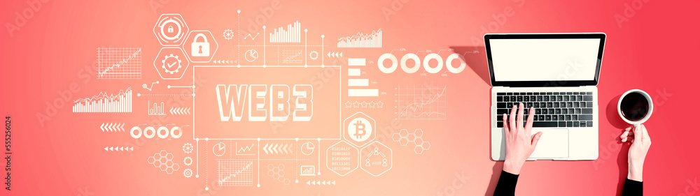 Web3 theme with person using a laptop computer Web3 theme with person using a laptop computer