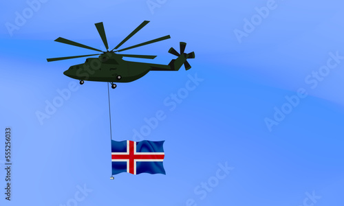 Helicopter flies with the flag of Iceland, the flag of Iceland in the sky. National holiday. vector illustration eps10