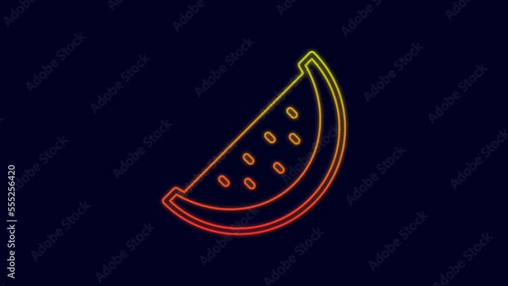Glowing neon line Watermelon icon isolated on blue background. 4K Video motion graphic animation Glowing neon line Watermelon icon isolated on blue background. 4K Video motion graphic animation