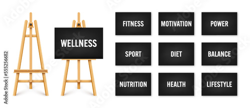 Realistic paint desk with text on black canvas. Wooden easel and a sheet of drawing paper. Presentation board on a tripod. Wellness, healthy lifestyle and motivation. Vector illustration