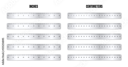 Realistic various shiny metal rulers with measurement scale and divisions, measure marks. School ruler, centimeter and inch scale for length measuring. Office supplies. Vector illustration