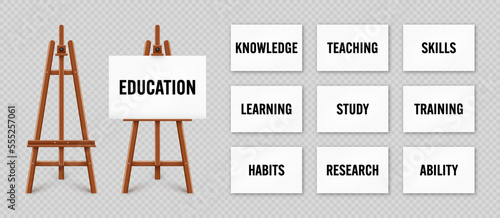 Realistic paint desk with text on white canvas. Wooden easel and a sheet of drawing paper. Presentation board on a tripod. Online studying, e-learning and education, web tutorial. Vector illustration