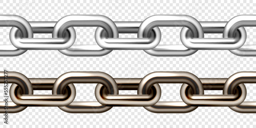 Realistic silver and brown metal chain with old rusty links. Heavy steel chain for industrial use. Vector illustration