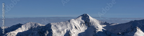 Banner 4x1 with winter mountain landscape with forest, mountain peaks, snowy slopes