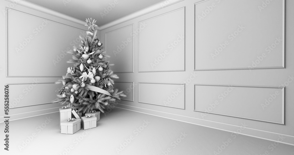 Boże Narodzenie, pięknie ozdobiona choinka a pod nią prezenty świąteczne. Klasyczne wnętrze. 3D rendering, 3D ilustracja, obraz czarno-biały - obrazy, fototapety, plakaty 