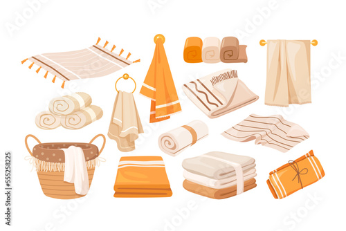 Set of different bath towels. Fabric towel hanging on a ring, rolled towels, and folded towel illustration set. Cotton fabric textile for shower
