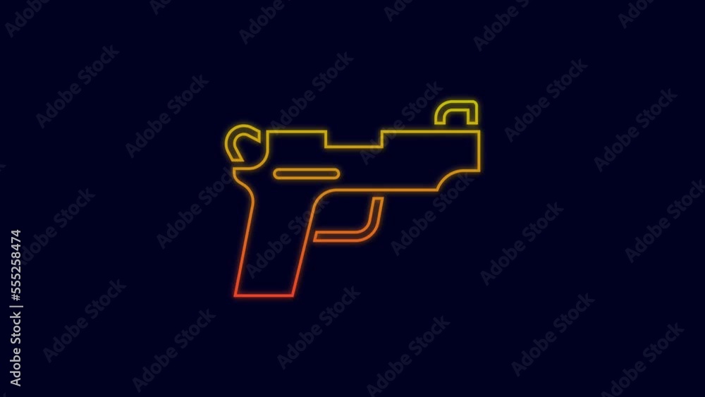 Glowing neon line Pistol or gun icon isolated on blue background. Police or military handgun. Small firearm. 4K Video motion graphic animation Glowing neon line Pistol or gun icon isolated on blue background. Police or military handgun. Small firearm. 4K Video motion graphic animation
