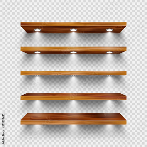 Realistic wooden store shelves with lighting, spotlights. Empty product shelf, grocery wall rack. Mall and supermarket furniture, bookshelf. Modern interior design element. Vector illustration