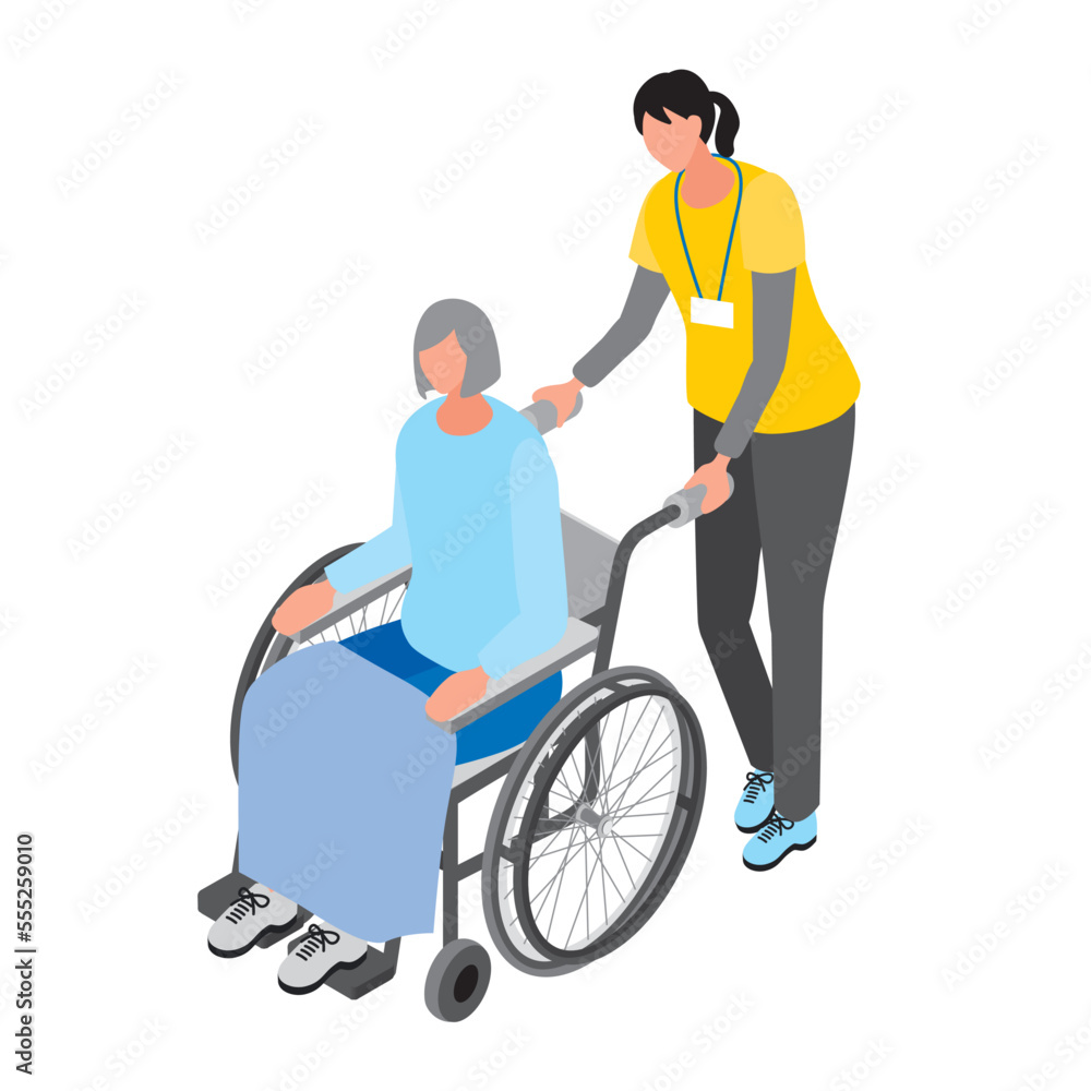 アイソメトリック_女性が乗っている車椅子を押す介護士の女性