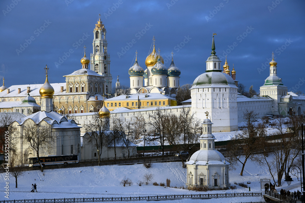 Trinity Sergius Lavra, Sergiev Posad, Russia. Color winter photo.