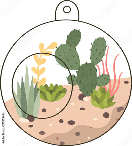 Circle glass terrarium with evergreen plants flat icon