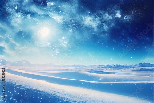 Winter flat landscape with scenic sky and sun. 3d art. © Nektarstock