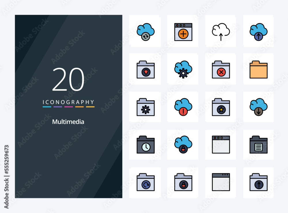 20 Multimedia line Filled icon for presentation