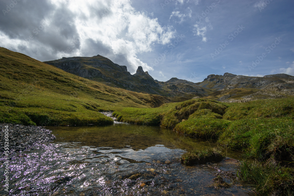 beautiful small creek in Pyrenees Mountains on a sunny autumn day, Col du Pourtalet, Nouvelle-Aquitaine France