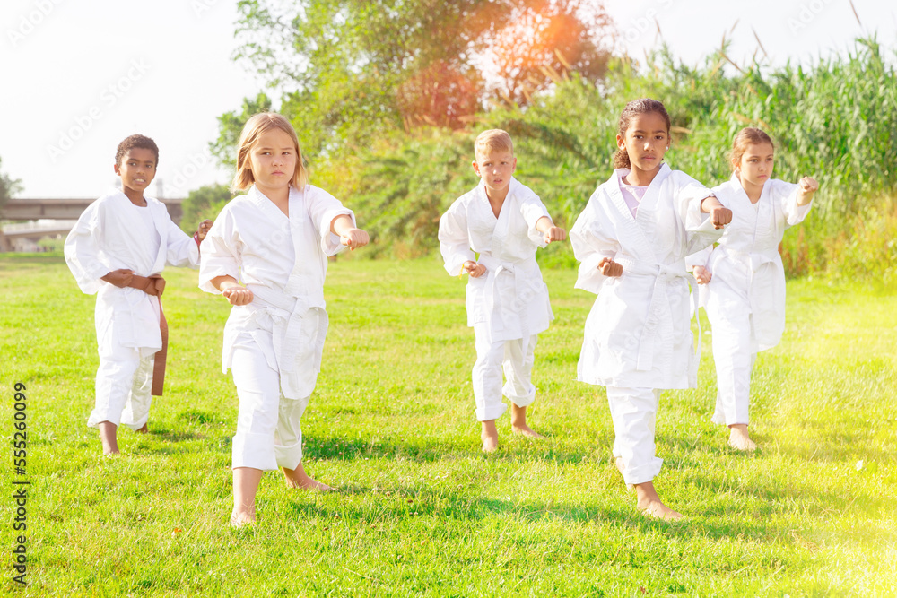 Fototapeta premium Children in white kimono practicing karate in summer outdoors