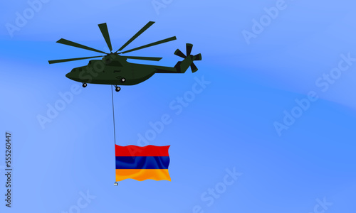 Helicopter flies with the flag of Armenia, the flag of Armenia in the sky. National holiday. vector illustration eps10