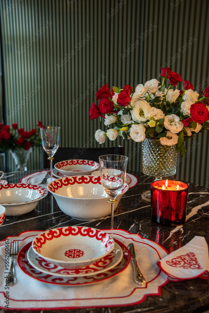 Fototapeta premium luxury designed christmas dinner table with candles